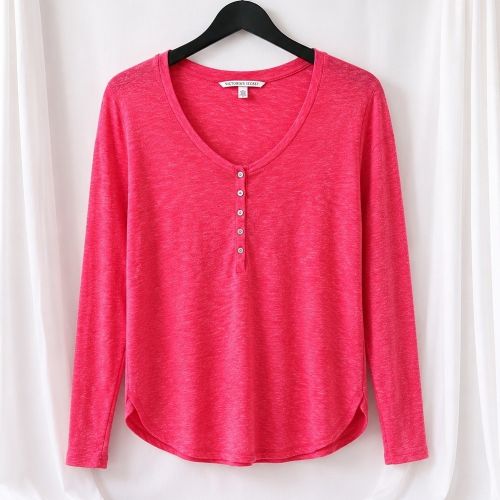 Victoria's Secret Sleep Shirt Womens XS Red Henley Lounge Top Soft Long Sleeve